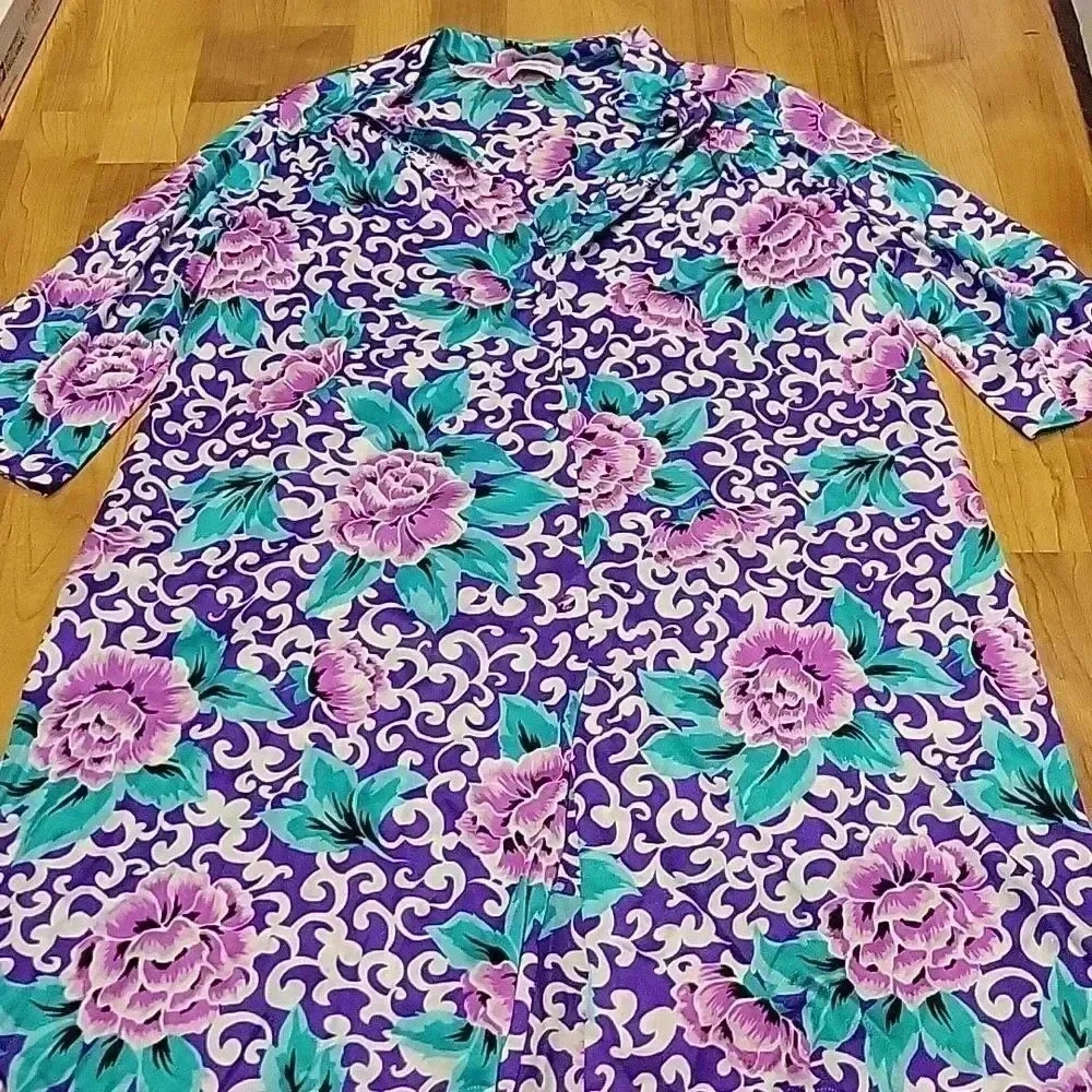 Vintage Vanity Fair Floral Robe Kimono Tunic Cover-Up Side Pockets Sz L - Picture 7 of 12